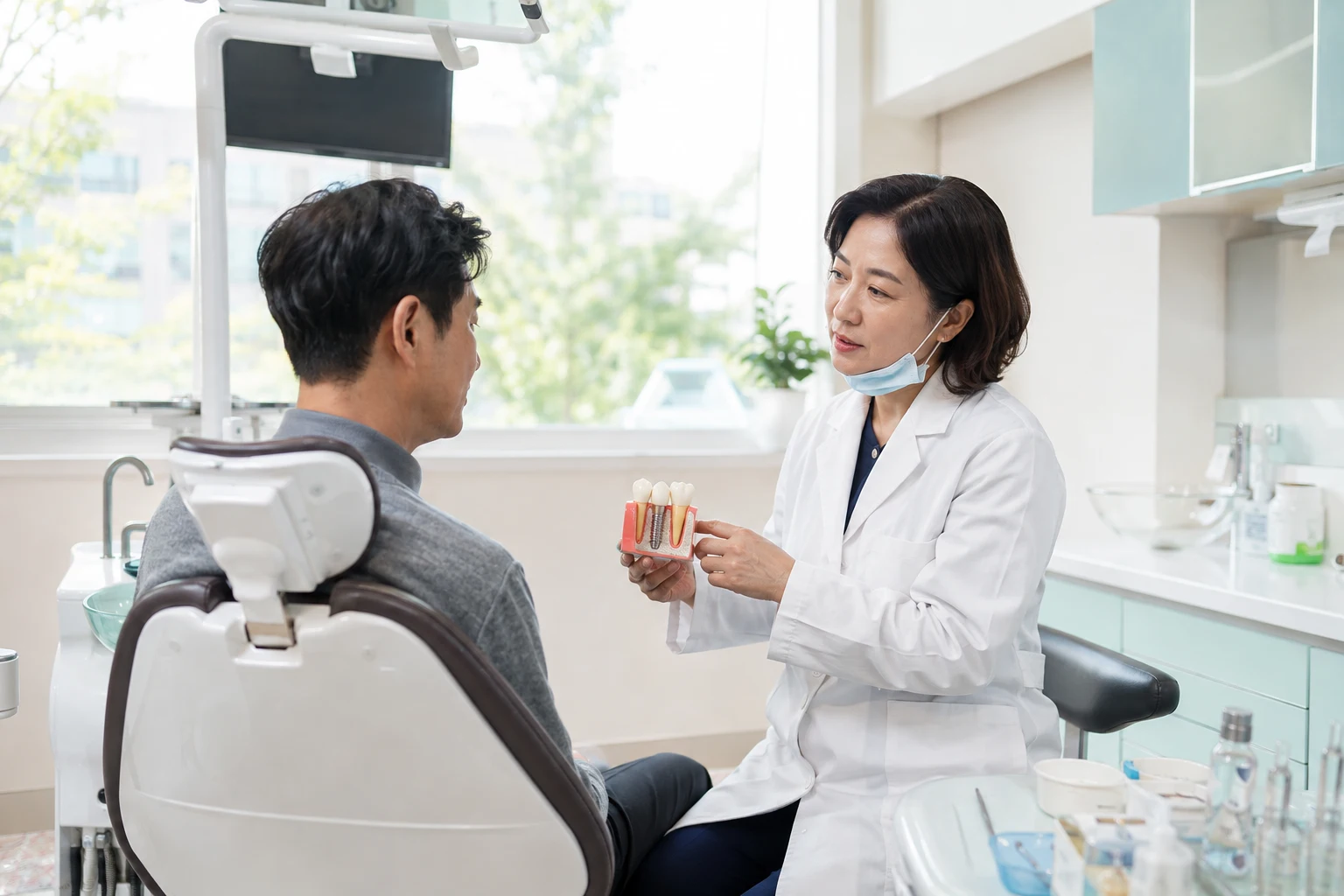 노인 임플란트 상담과 관리 장면
