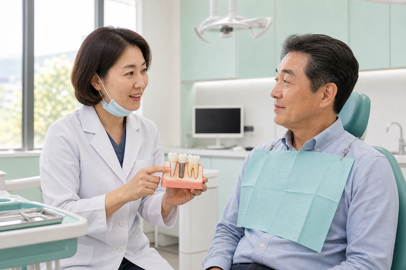 임플란트 후 식사 상담과 관리 장면